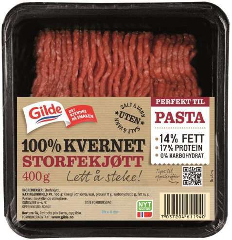 Bilde av Gilde 100 prosent kvernet storfekjøtt 14 prosent.