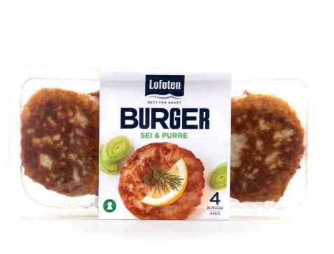 Bilde av Lofoten Fiskeburger med sei og purreløk.