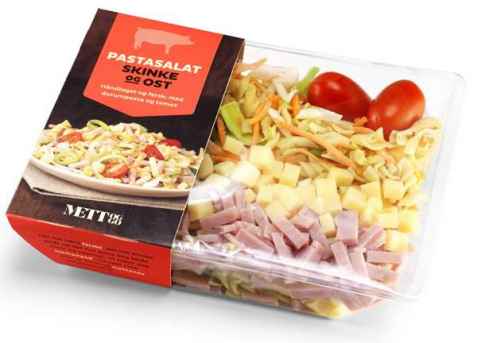 Bilde av Bama mett og go salat med pasta, skinke og ost.