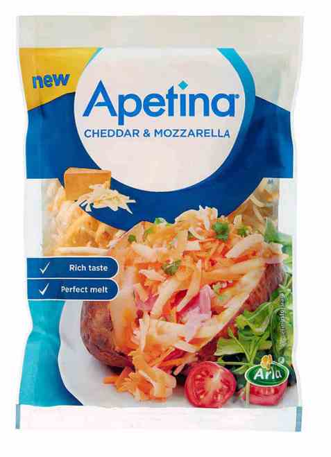 Bilde av Arla Apetina revet cheddar og mozzarella.