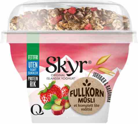 Bilde av Q skyr jordbær og rabarbra fullkornmüsli.