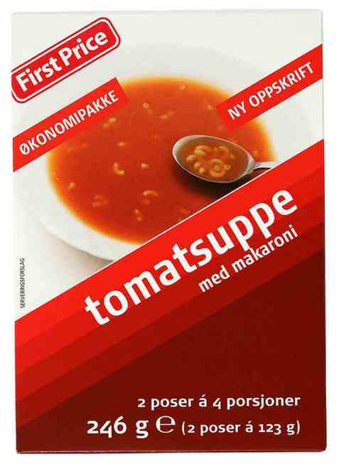 Bilde av First Price tomatsuppe med macaroni.