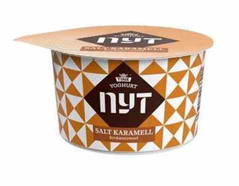 Bilde av Tine Yoghurt Nyt Salt Karamell med Krokanstrøssel.