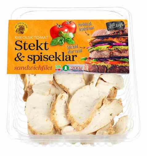 Bilde av Den stolte hane stekt og spiseklar sandwichfilet kreolsk tomat.