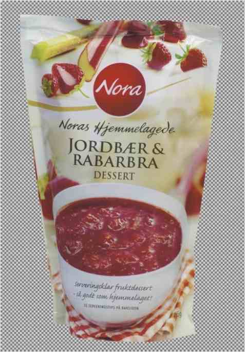 Bilde av Nora hjemmelaget Fruktdessert med jordbær og rabarbra.