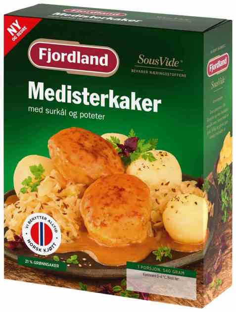 Bilde av Fjordland Medisterkaker med surkål og poteter.