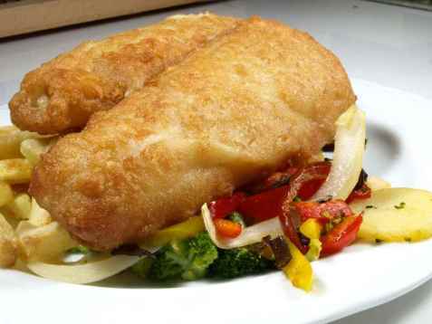 Frityrstekt fiskefilet med sennepsmak oppskrift.