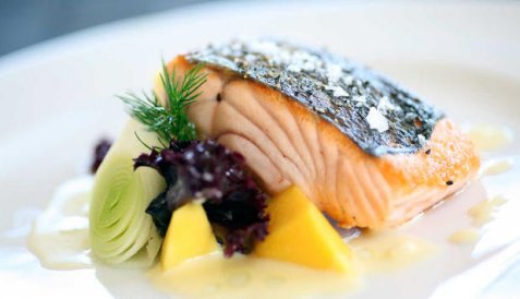 Stekt laks med purre og mango oppskrift.