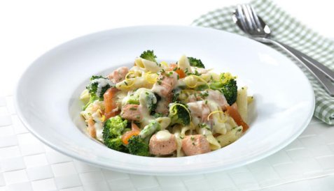 Pasta med fersk og røykt ørret oppskrift.