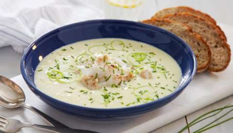 Ovnsbakt torsk med potet- og purresuppe oppskrift.