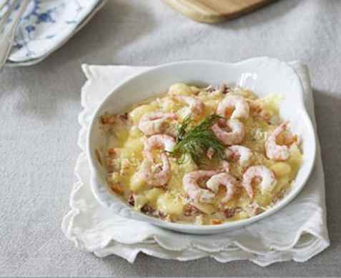 Gratinerte reker med parmaskinke oppskrift.