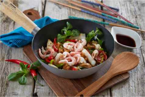 Wok med torsk og reker oppskrift.