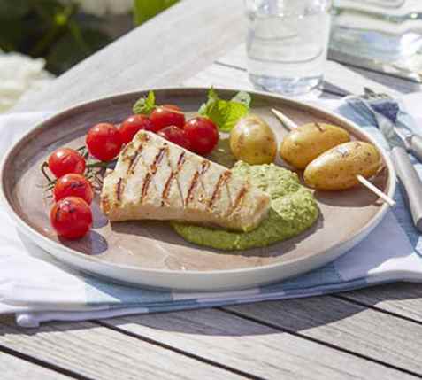 Grillet klippfisk med erterpuré oppskrift.