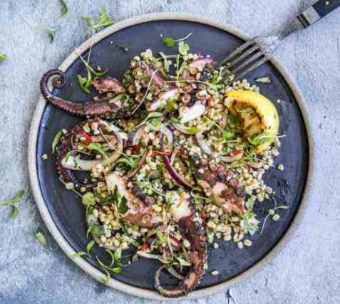 Grillet blekksprut med speltsalat oppskrift.